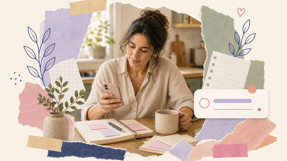 Paper collage of a woman saving a thought from her phone beside a notebook