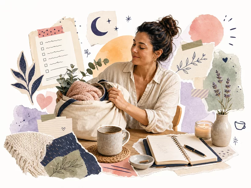 Woman planning beside a baby, notebook and coffee