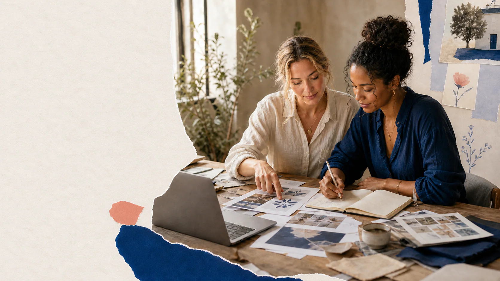 Two women working together on drafts and visual ideas in a calm creative studio