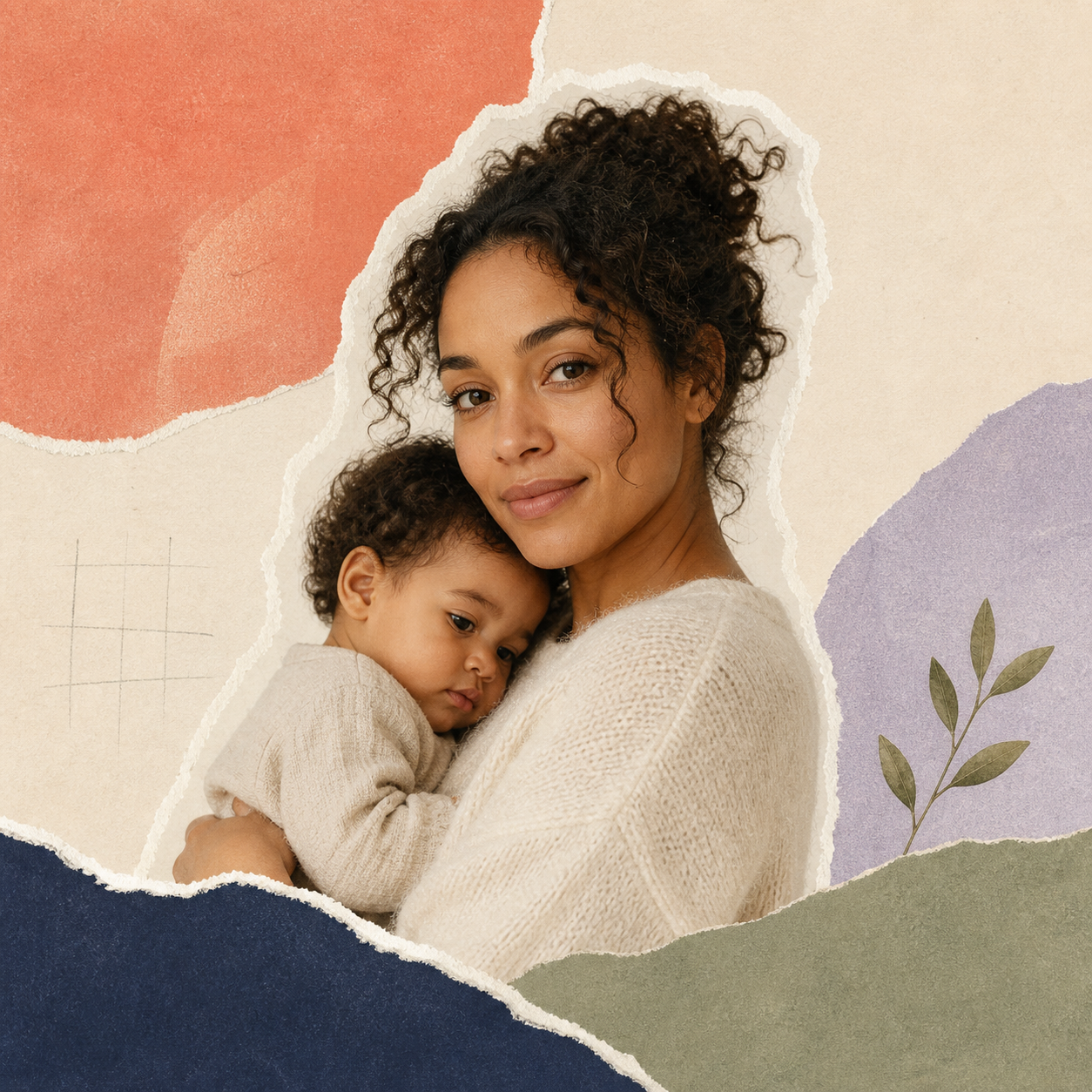 A younger mother holding her child, shown in the ReturnKit paper collage style