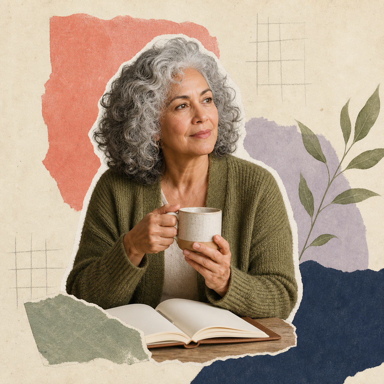 An older woman holding a mug beside her planner, shown in the ReturnKit paper collage style
