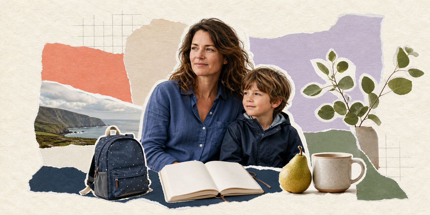 A parent beside her school-age child, shown in the ReturnKit paper collage style