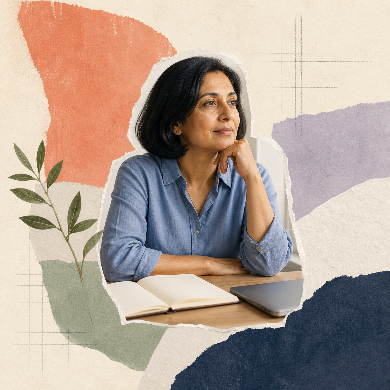 A woman planning at her desk, shown in the ReturnKit paper collage style