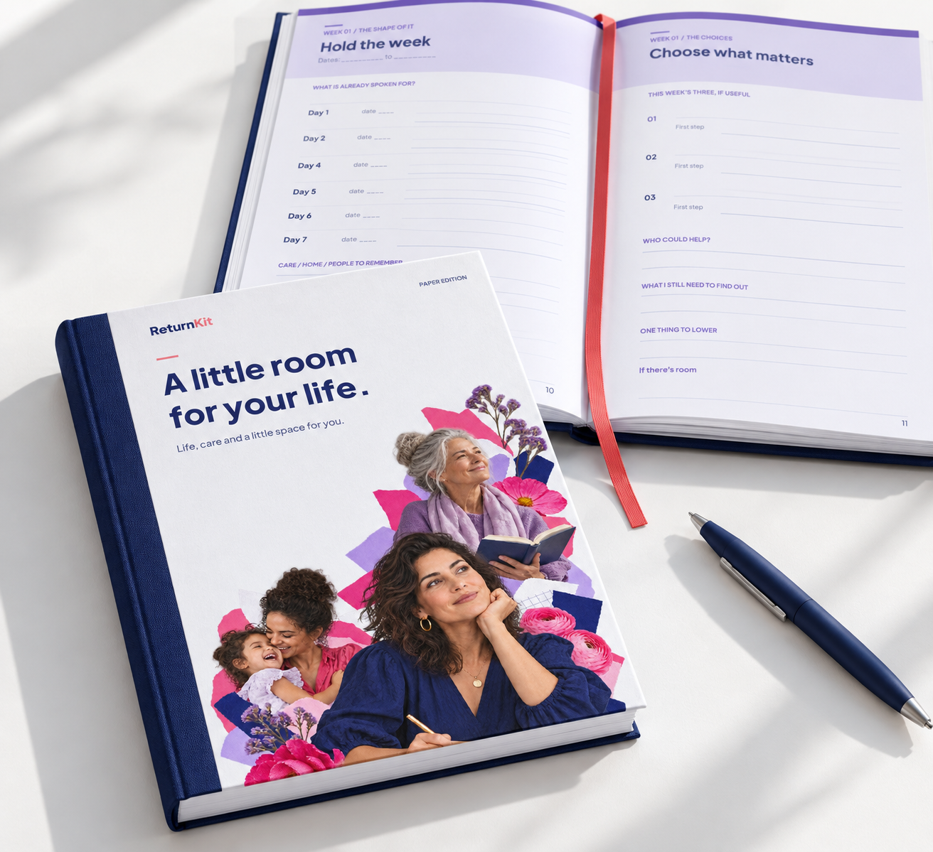 Concept mockup of the ReturnKit paper planner as a colorful hardback on a desk, open to a weekly spread