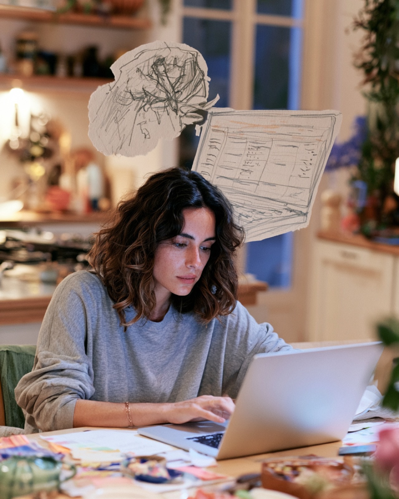A woman working at a laptop at a kitchen table, with sketched thought bubbles above her showing a tangle and a spreadsheet.